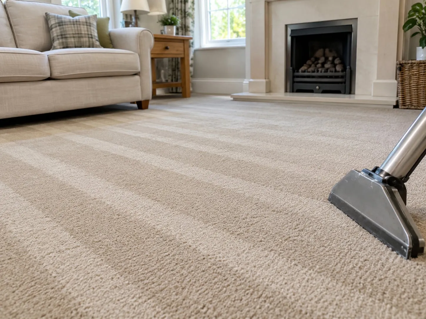A freshly cleaned beige carpet with straight cleaning lines