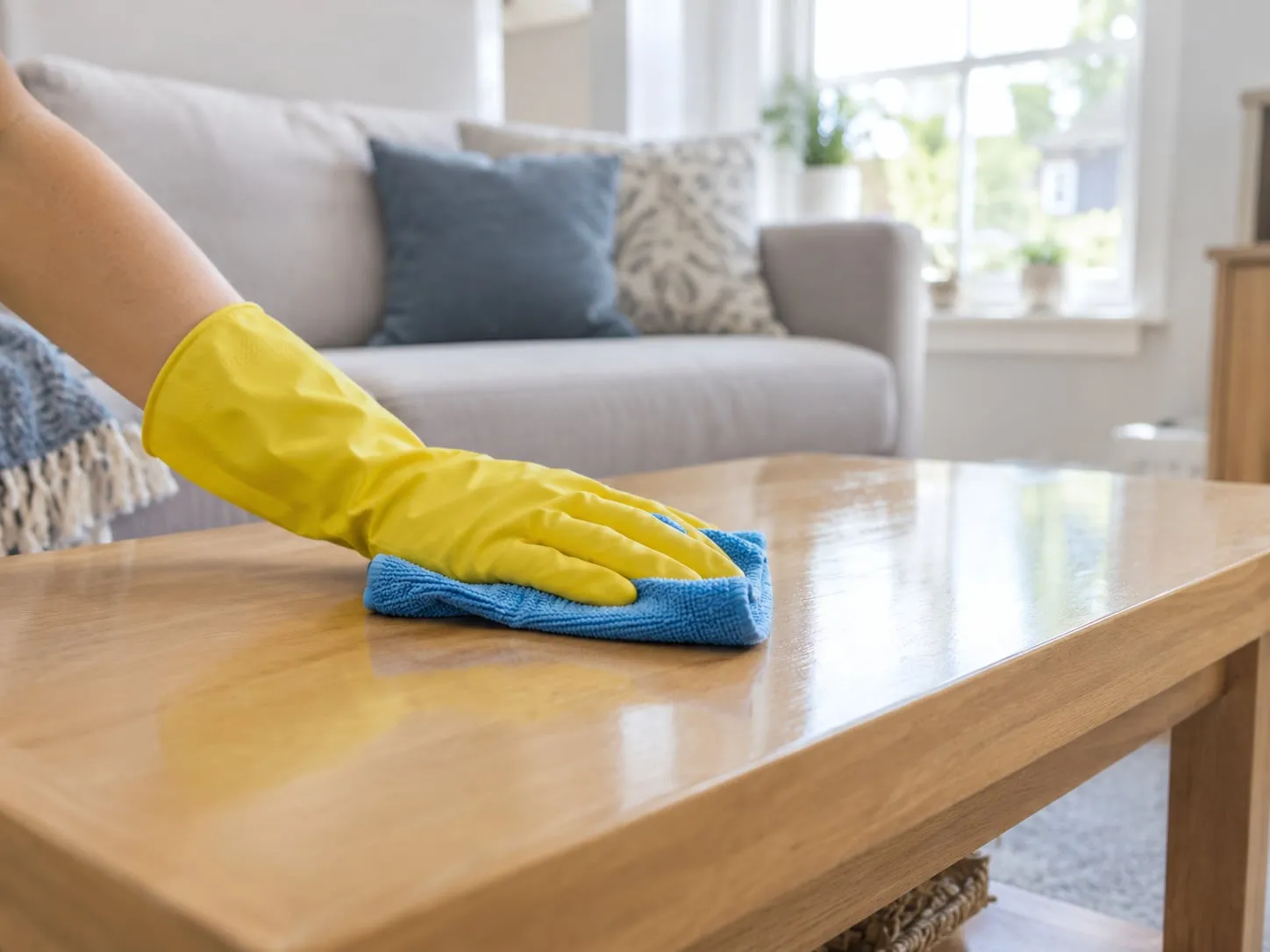 A cleaner in yellow gloves wiping a coffee table in a tidy living room