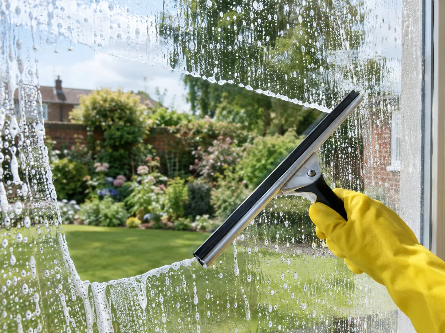 A squeegee pulling a clean stripe across a soapy window, held by a yellow-gloved hand